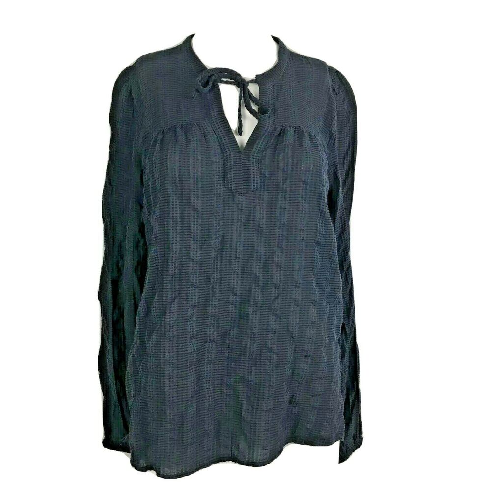 Ann Taylor LOFT Shirt Womens Sz S Navy‎ Blue Woven Texture Long Sleeve Tie Neck